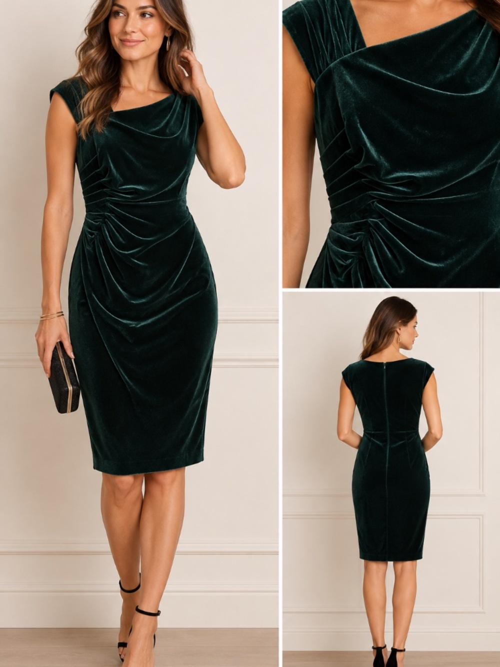 NWT Ralph Lauren 4 Green Velvet Ruched Draped Dress Dark Romantic Cocktail Fall